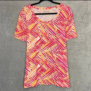 Coral Bay Womens Top XL Pink Abstract Short Sleeve Scoop Neck Knit Cotton Casual